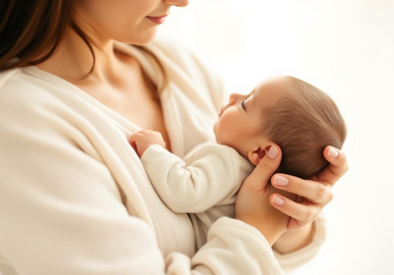 A parent holding a sleeping newborn in soft light